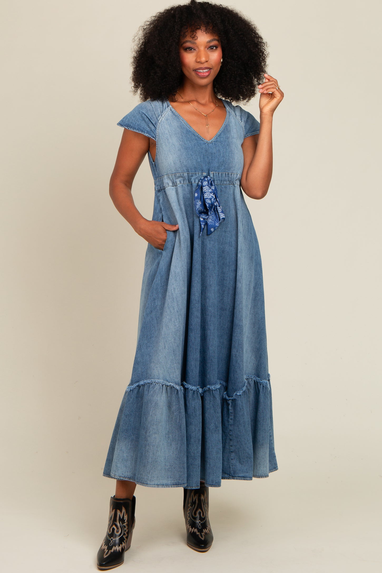 Blue Denim Sash Waist Maternity Maxi Dress PinkBlush Blue Denim Sash Waist Maternity Maxi Dress PinkBlush