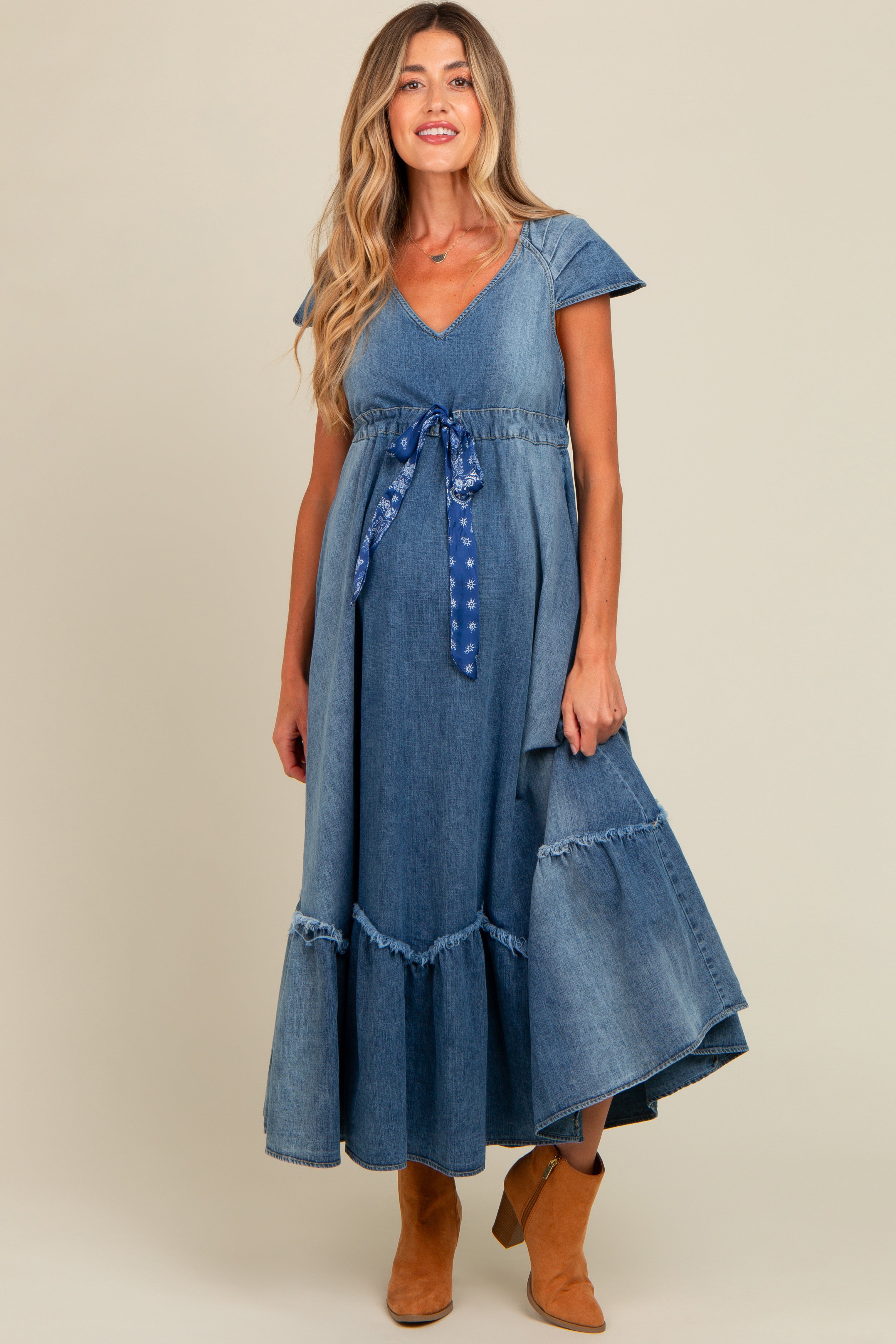 Blue Denim Sash Waist Maternity Maxi Dress Blue Denim Sash Waist Maternity Maxi Dress