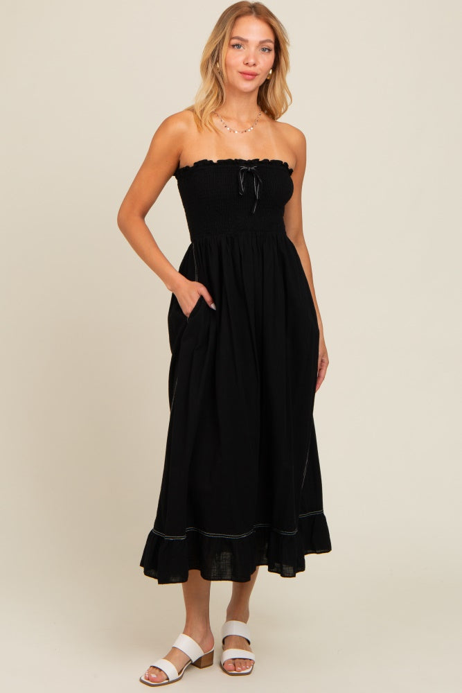Black Smocked Strapless Midi Dress Black Smocked Strapless Midi Dress