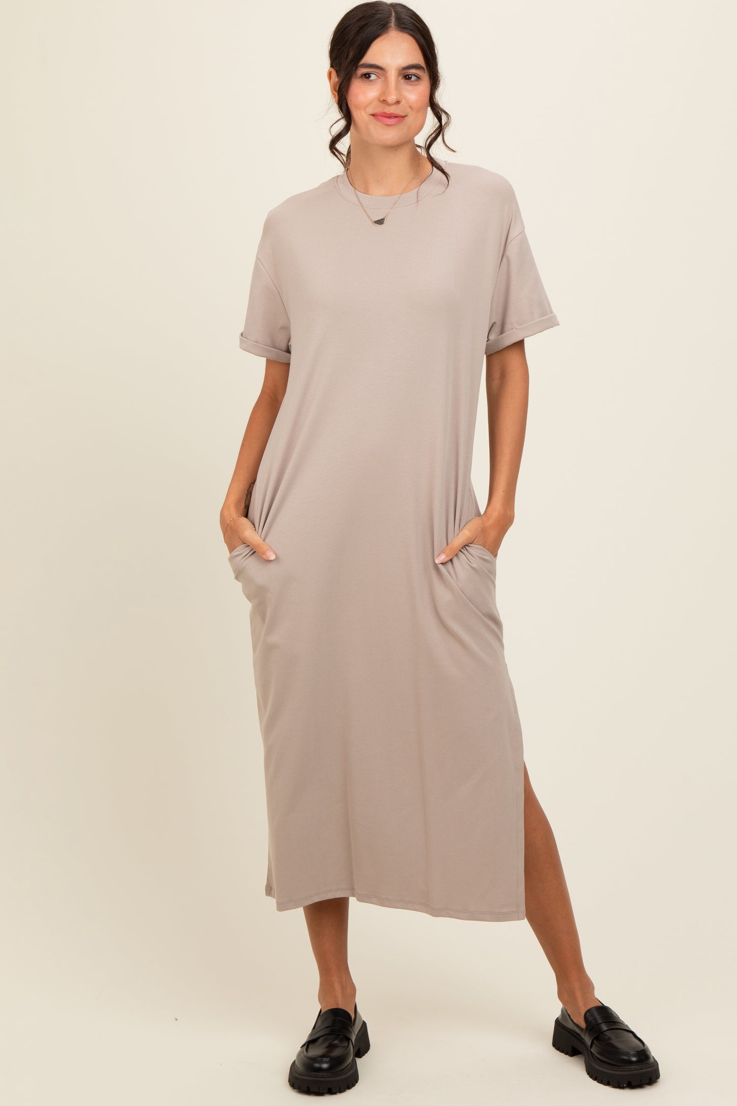 Beige Basic Side Slit Midi Dress PinkBlush Beige Basic Side Slit Midi Dress PinkBlush