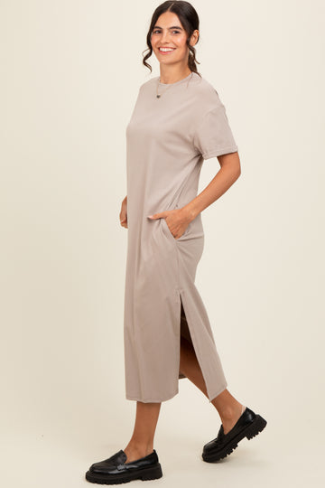 Beige Basic Side Slit Midi Dress