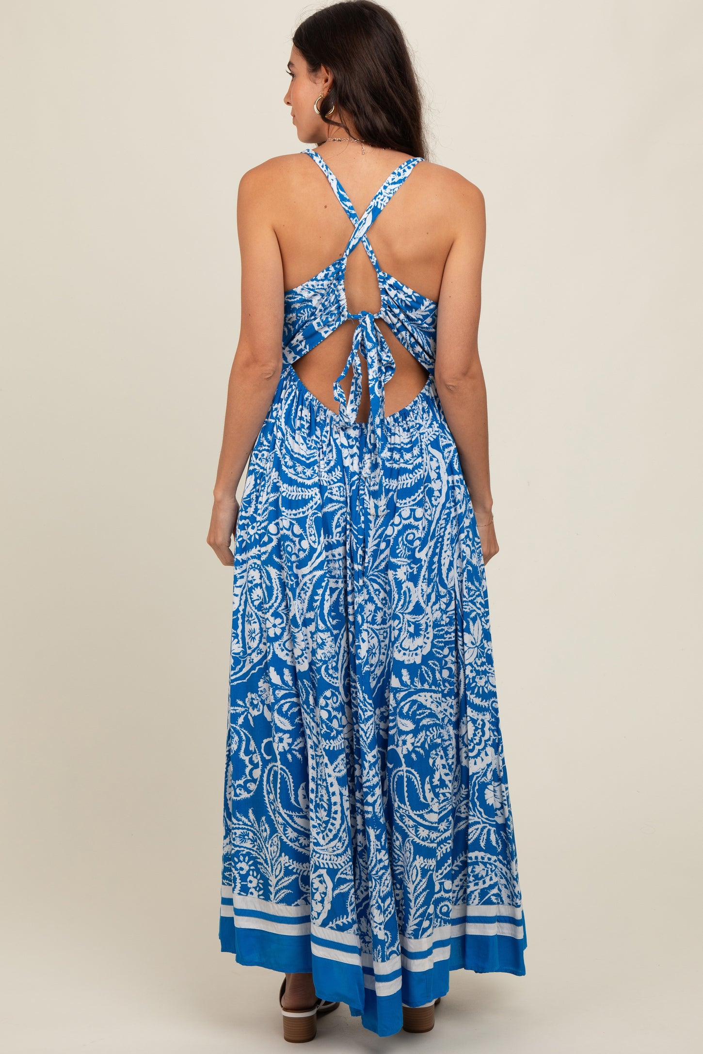 Blue Paisley Cutout Back Maxi Dress