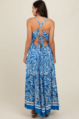 Blue Paisley Cutout Back Maxi Dress