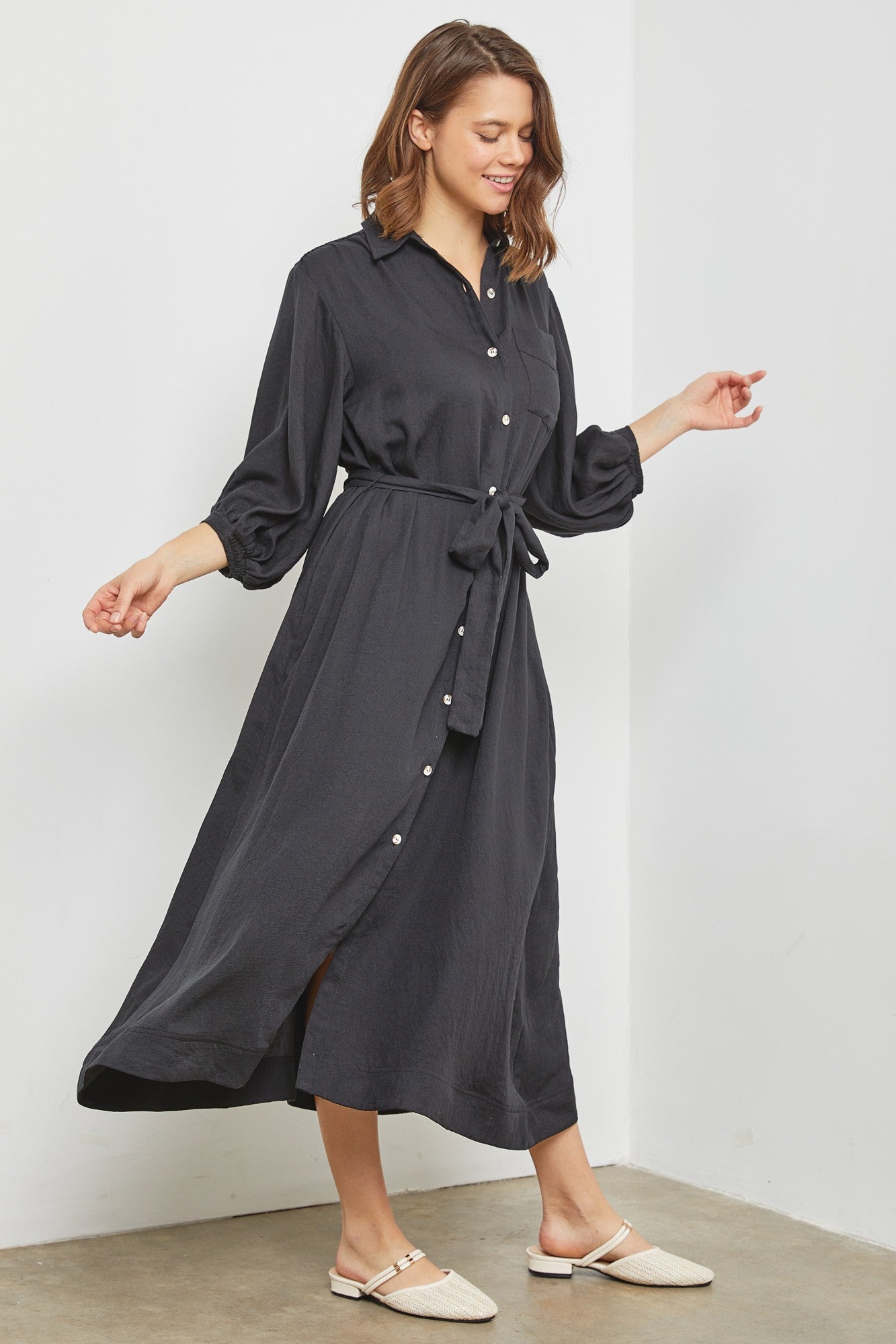 black button down midi dress Black Linen Dress - Button-Up Dress - Short Sleeve Midi Dress