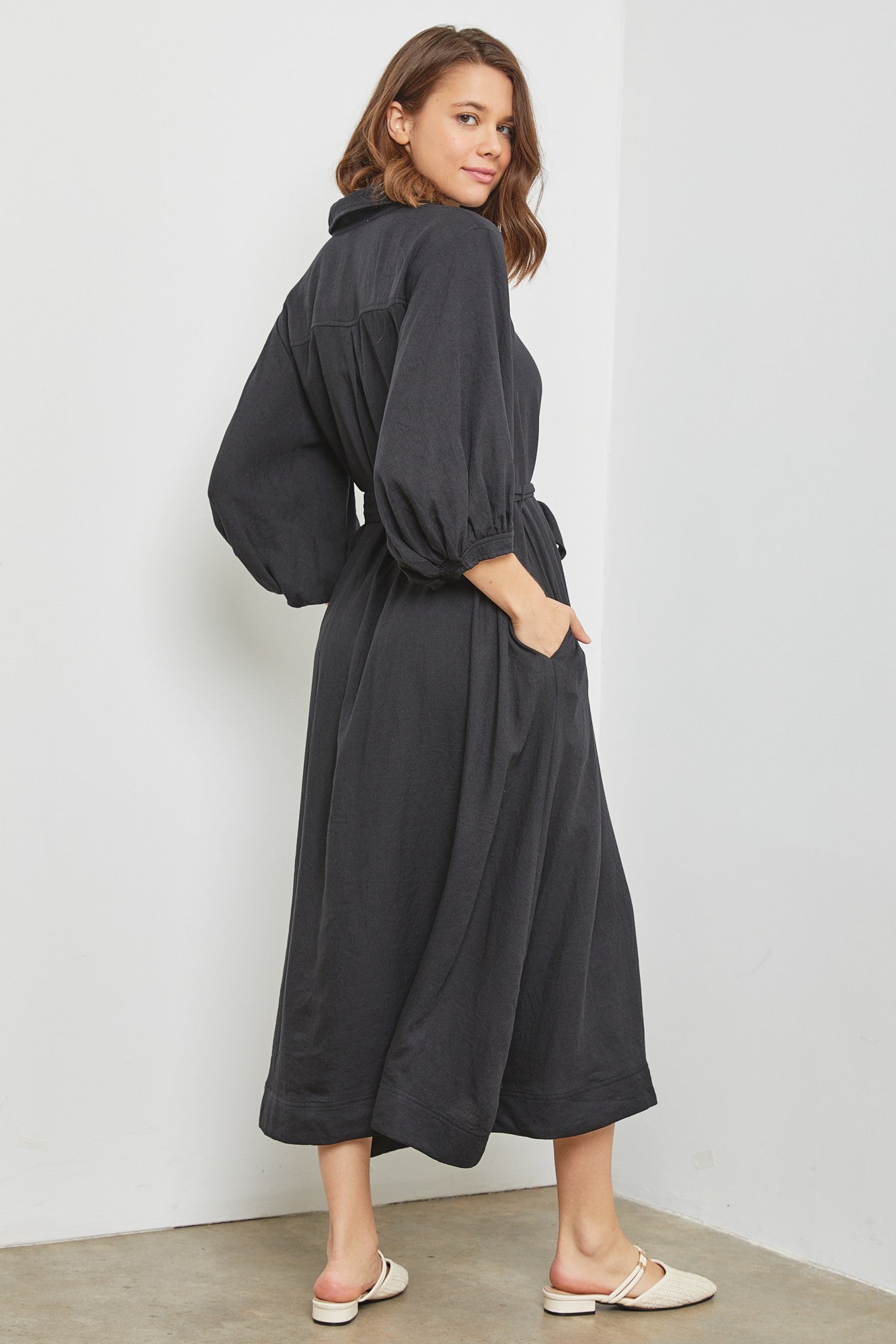 black midi button dress Button Down Sleeveless Split Hem Linen Midi Dress In Black, L