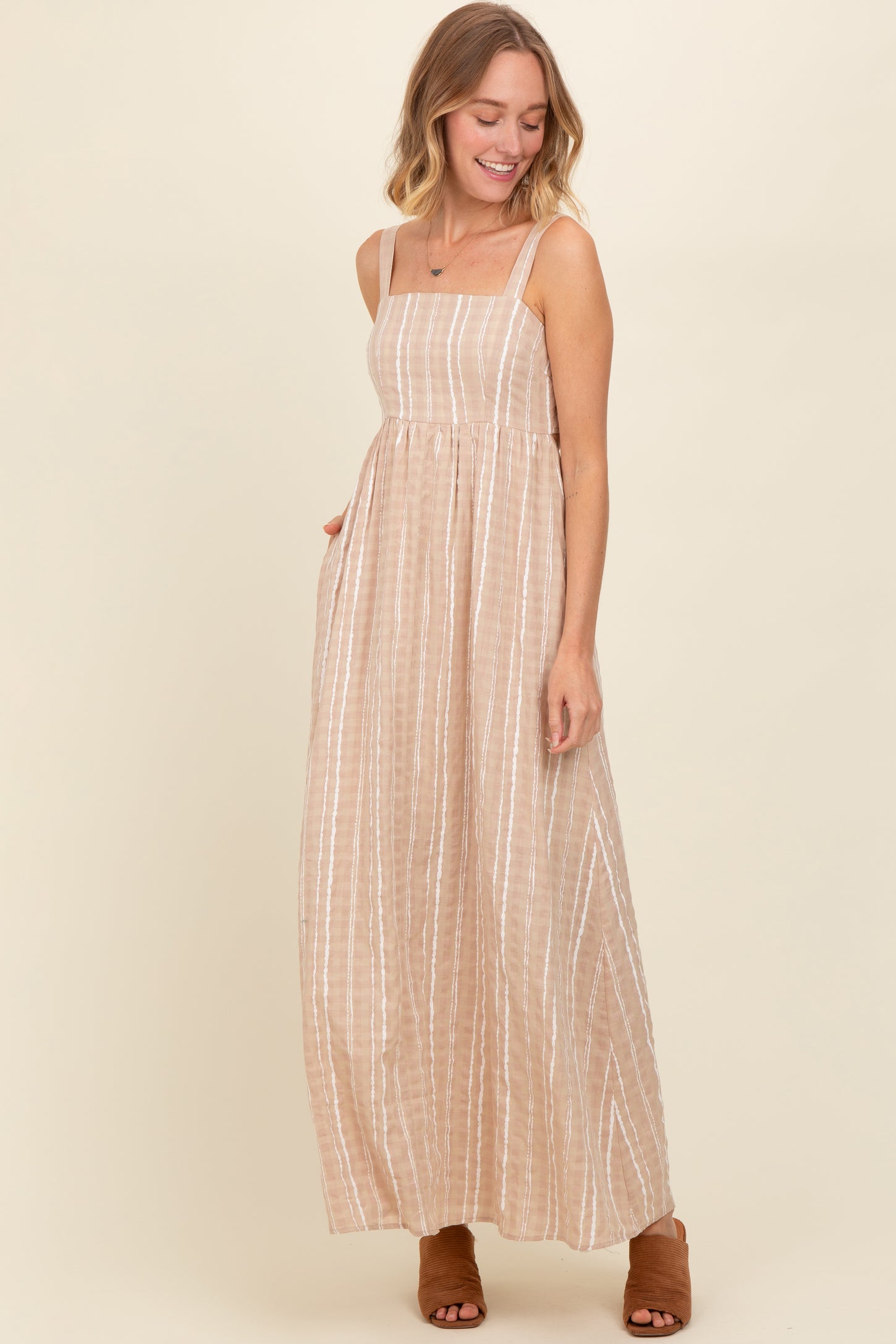 Beige Striped Back Cut Out Maxi Dress