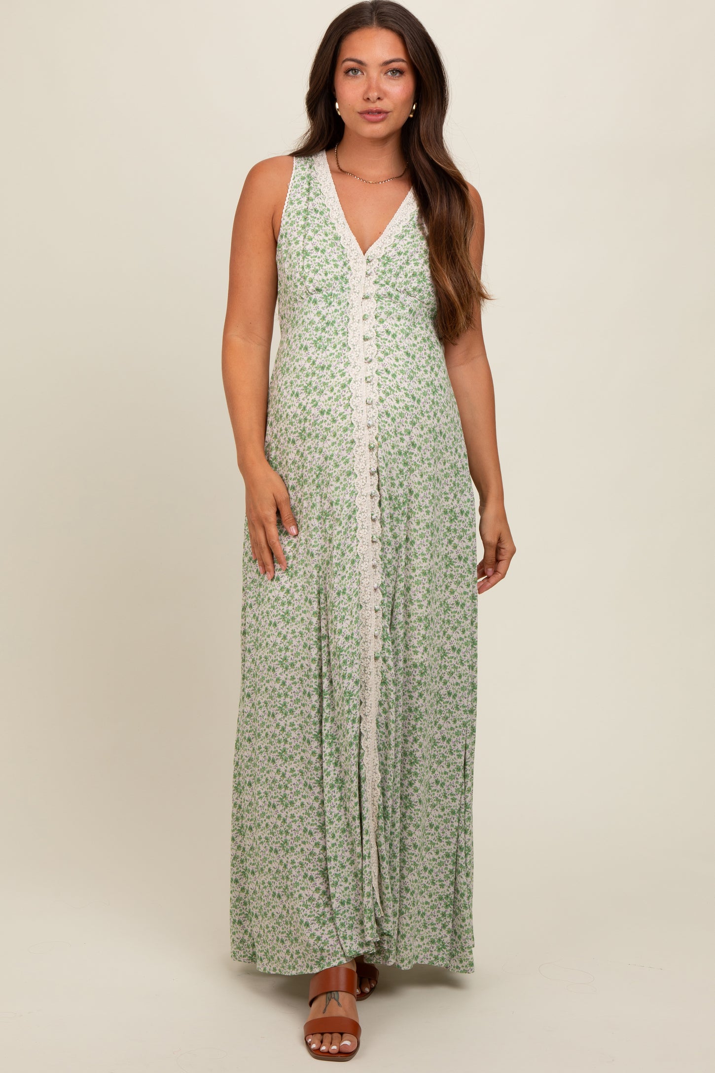 Green Floral Crochet Trim Button Down Maternity Maxi Dress PinkBlush Green Floral Crochet Trim Button Down Maternity Maxi Dress PinkBlush