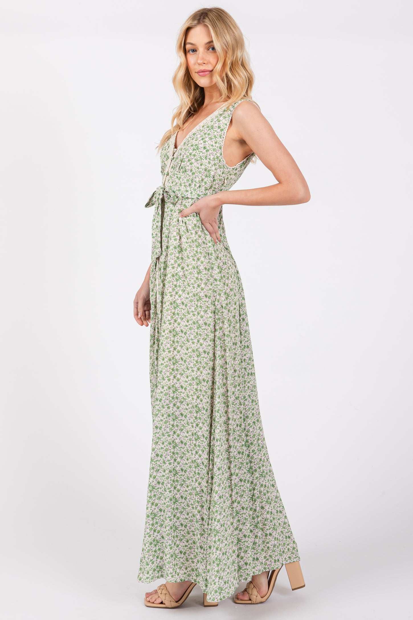 Green Floral Crochet Trim Button Down Maxi Dress PinkBlush Green Floral Crochet Trim Button Down Maxi Dress PinkBlush