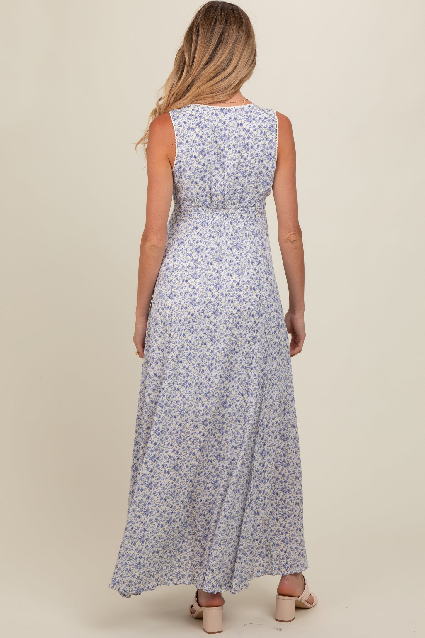 Periwinkle Floral Crochet Trim Button Down Maternity Maxi Dress