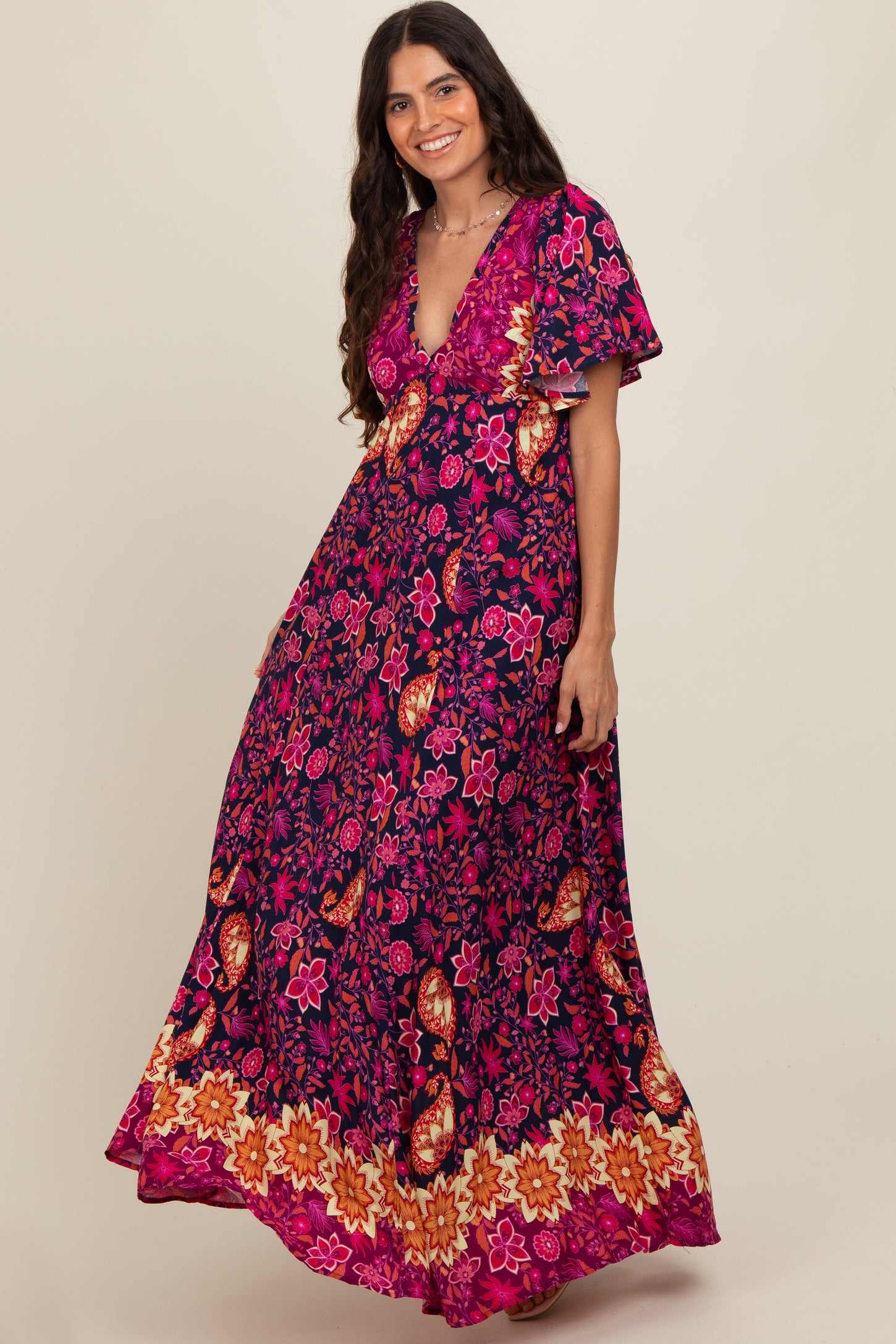 Navy Blue Mixed Floral Maternity Maxi Dress