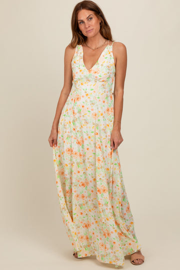 Peach Floral Crisscross Back Maxi Dress