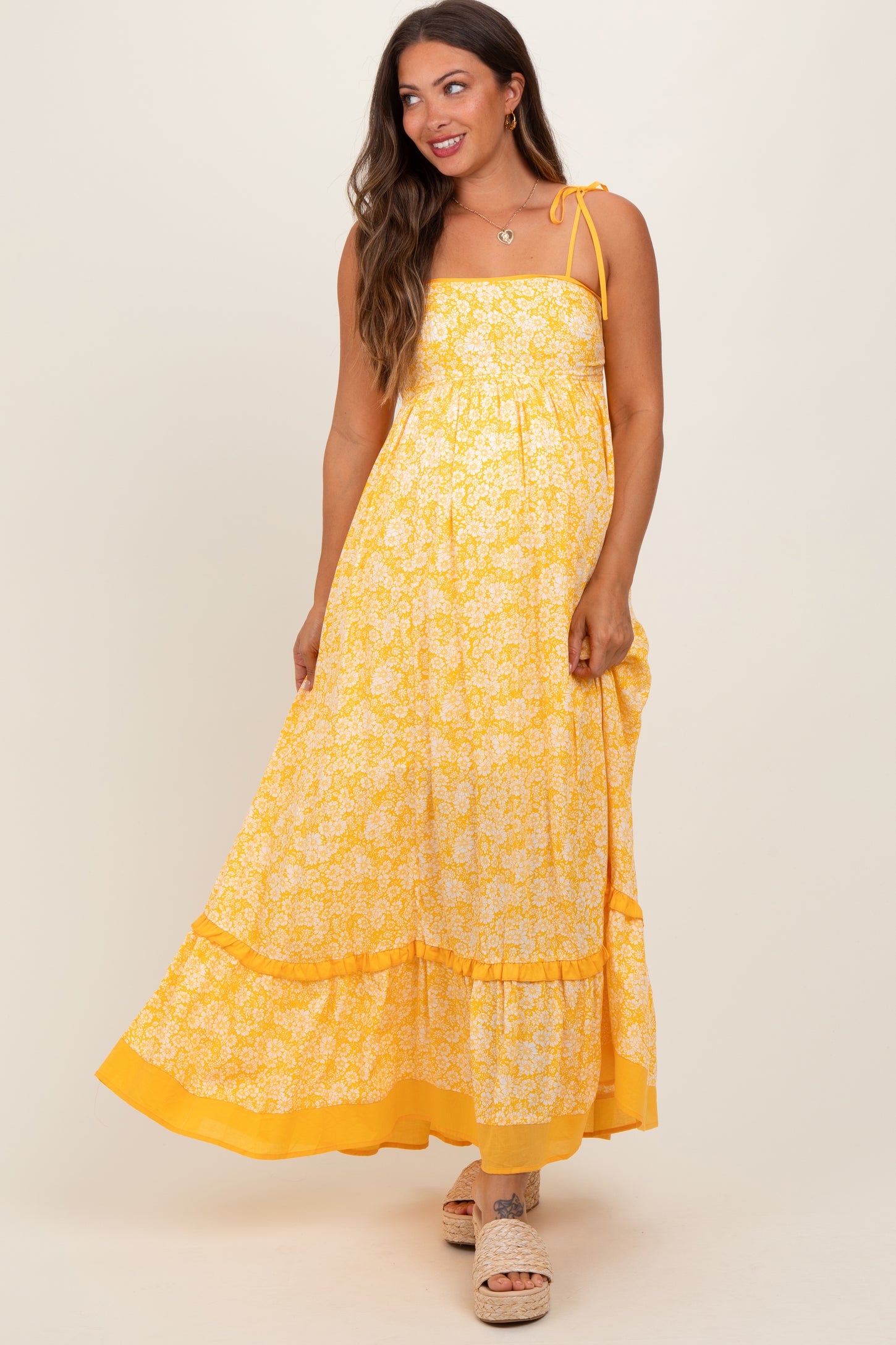 Yellow Floral Shoulder Tie Maternity Maxi Dress