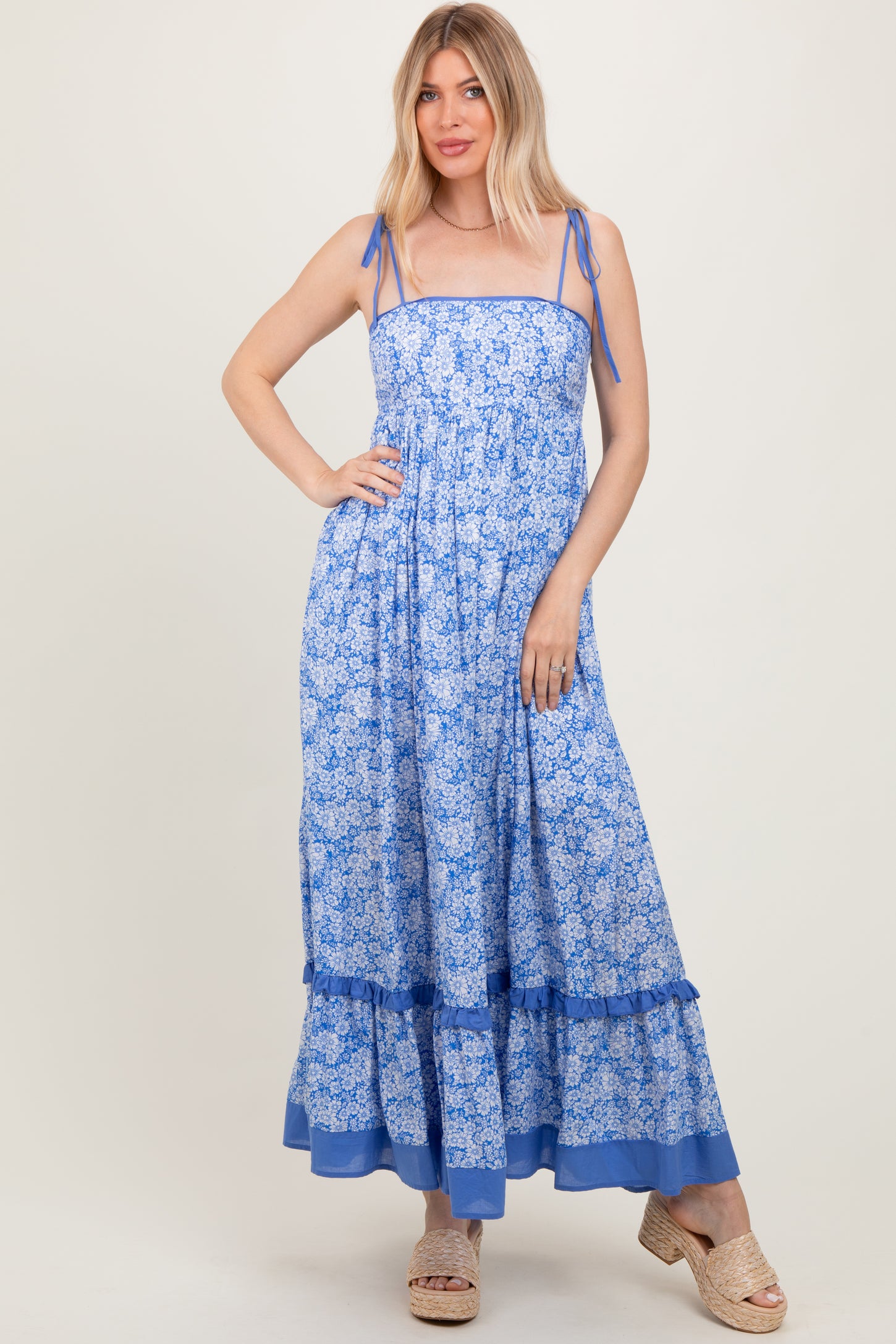 Blue Floral Shoulder Tie Maternity Maxi Dress Blue Floral Shoulder Tie Maternity Maxi Dress