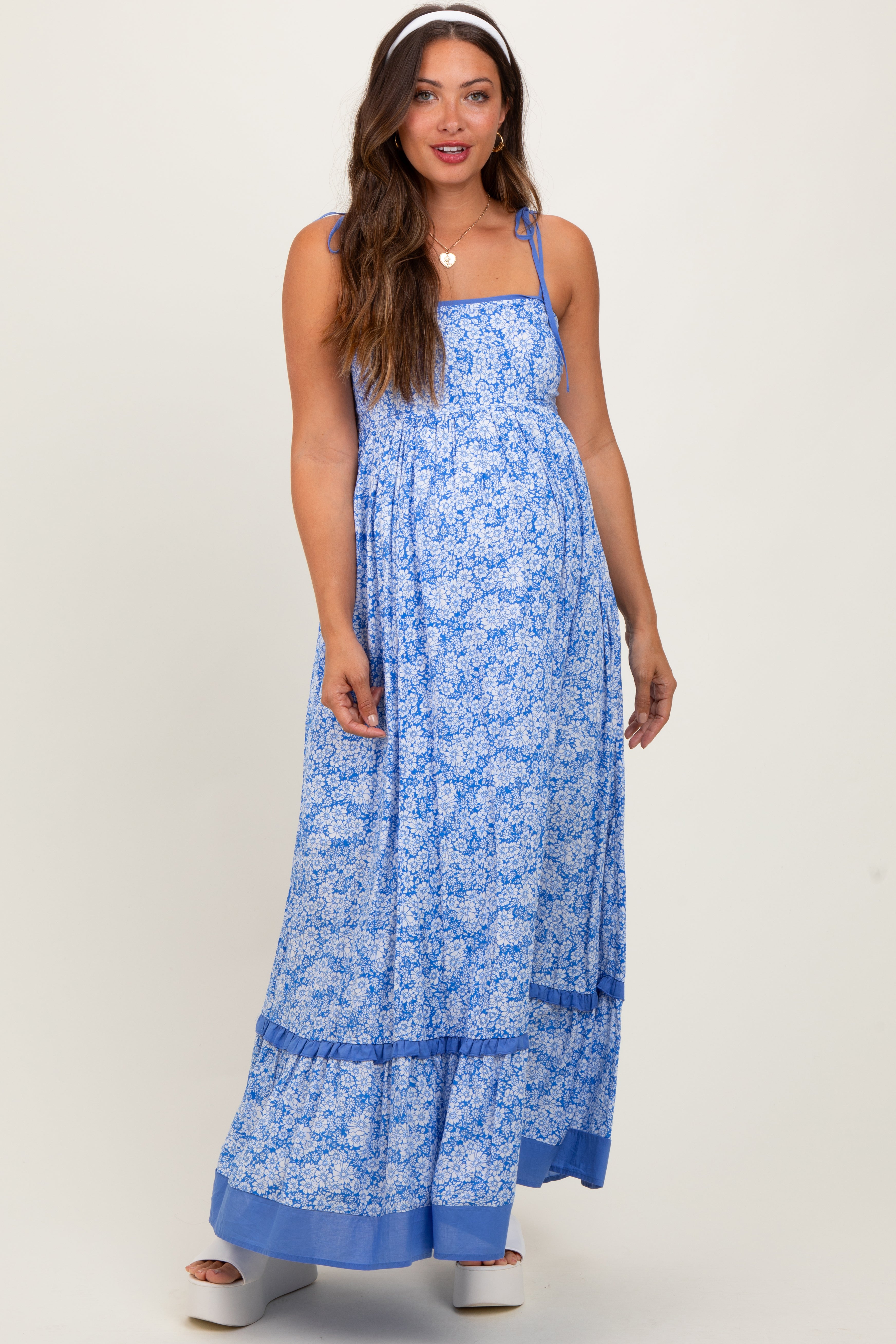 Blue Floral Shoulder Tie Maternity Maxi Dress – PinkBlush