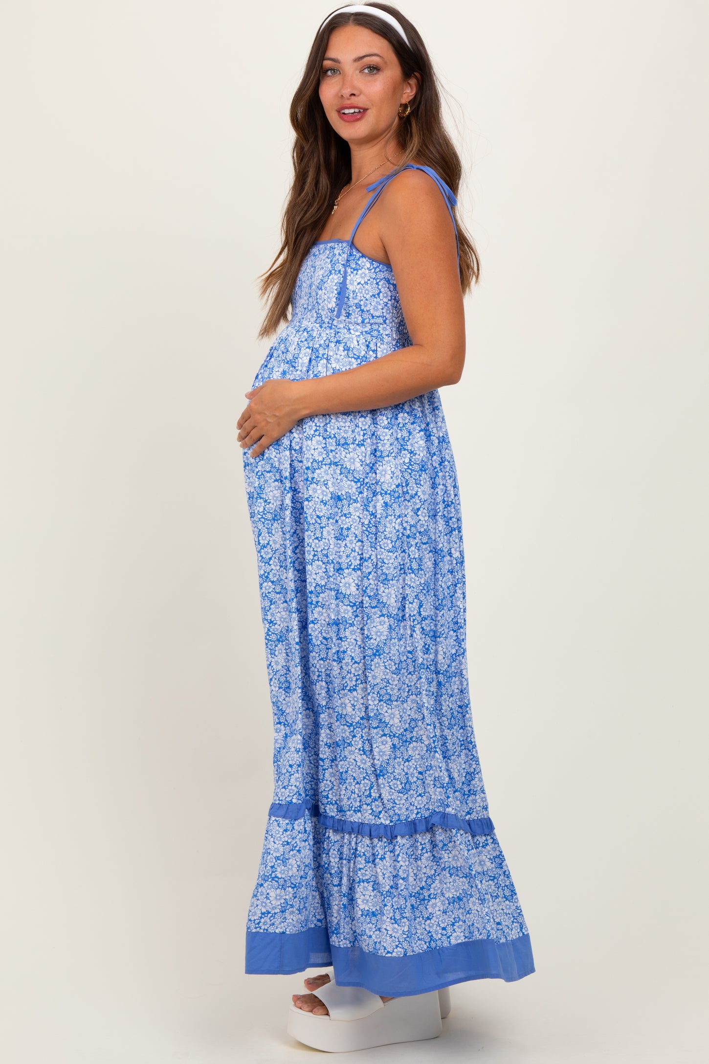 Blue Floral Shoulder Tie Maternity Maxi Dress Blue Floral Shoulder Tie Maternity Maxi Dress
