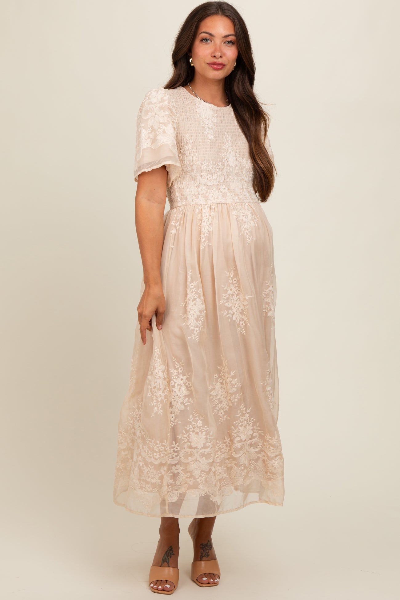 Cream Embroidered Smocked Maternity Midi Dress PinkBlush Cream Embroidered Smocked Maternity Midi Dress PinkBlush