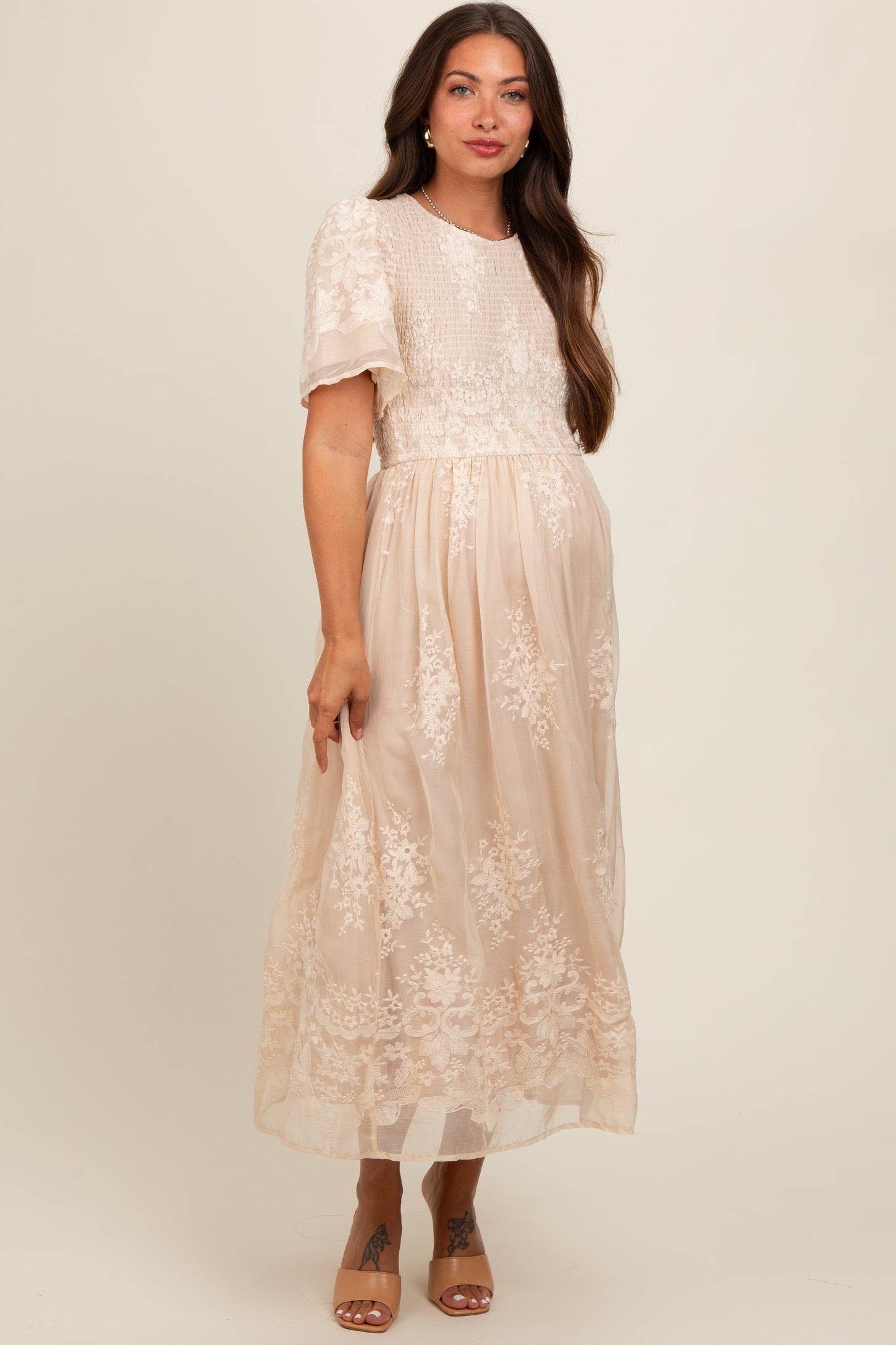 Cream Embroidered Smocked Maternity Midi Dress PinkBlush Cream Embroidered Smocked Maternity Midi Dress PinkBlush