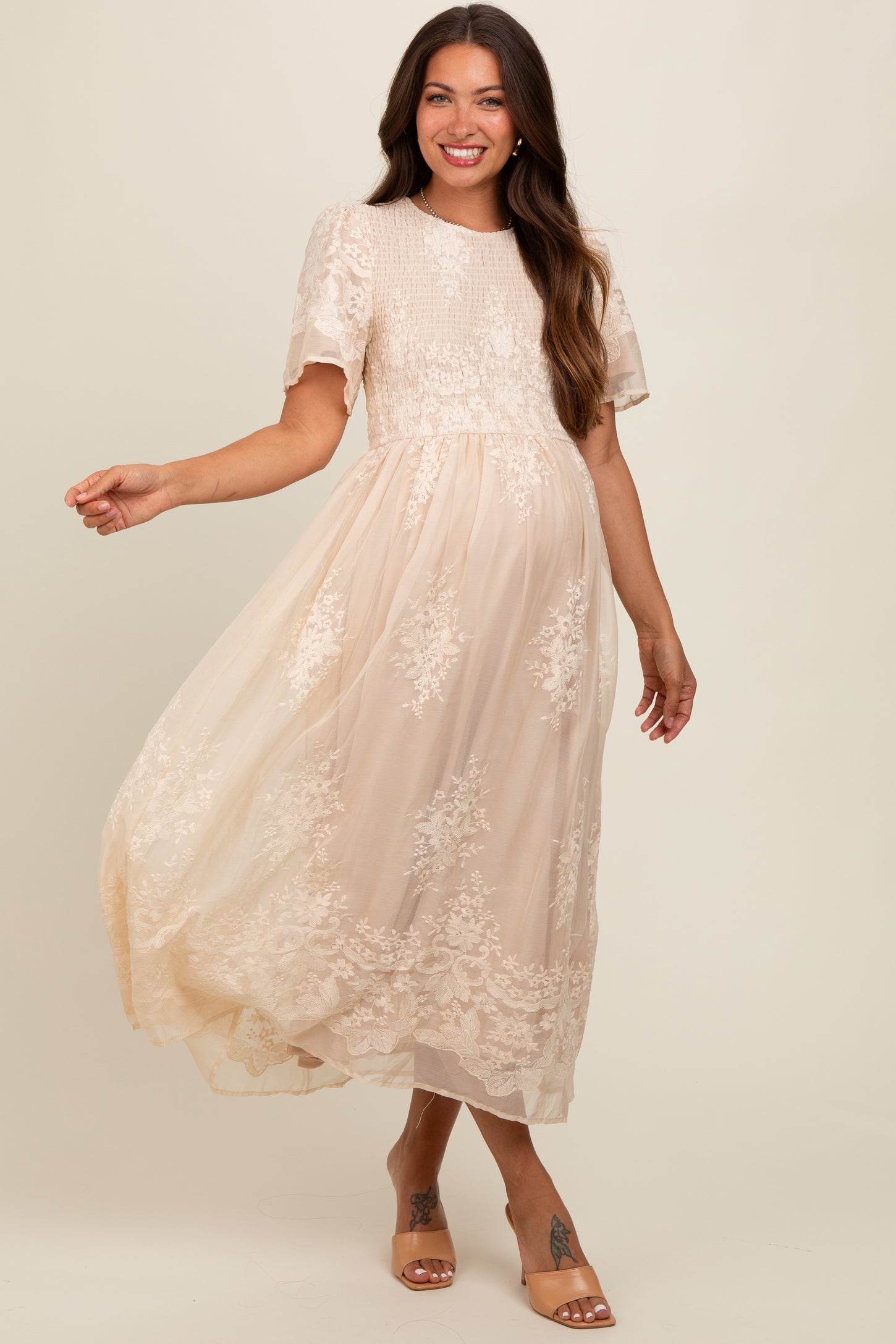 Cream Embroidered Smocked Maternity Midi Dress PinkBlush Cream Embroidered Smocked Maternity Midi Dress PinkBlush