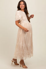 Cream Embroidered Smocked Maternity Midi Dress