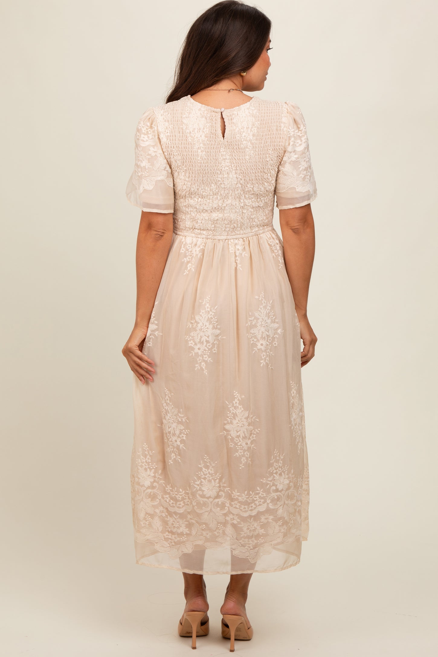 Cream Embroidered Smocked Maternity Midi Dress PinkBlush Cream Embroidered Smocked Maternity Midi Dress PinkBlush