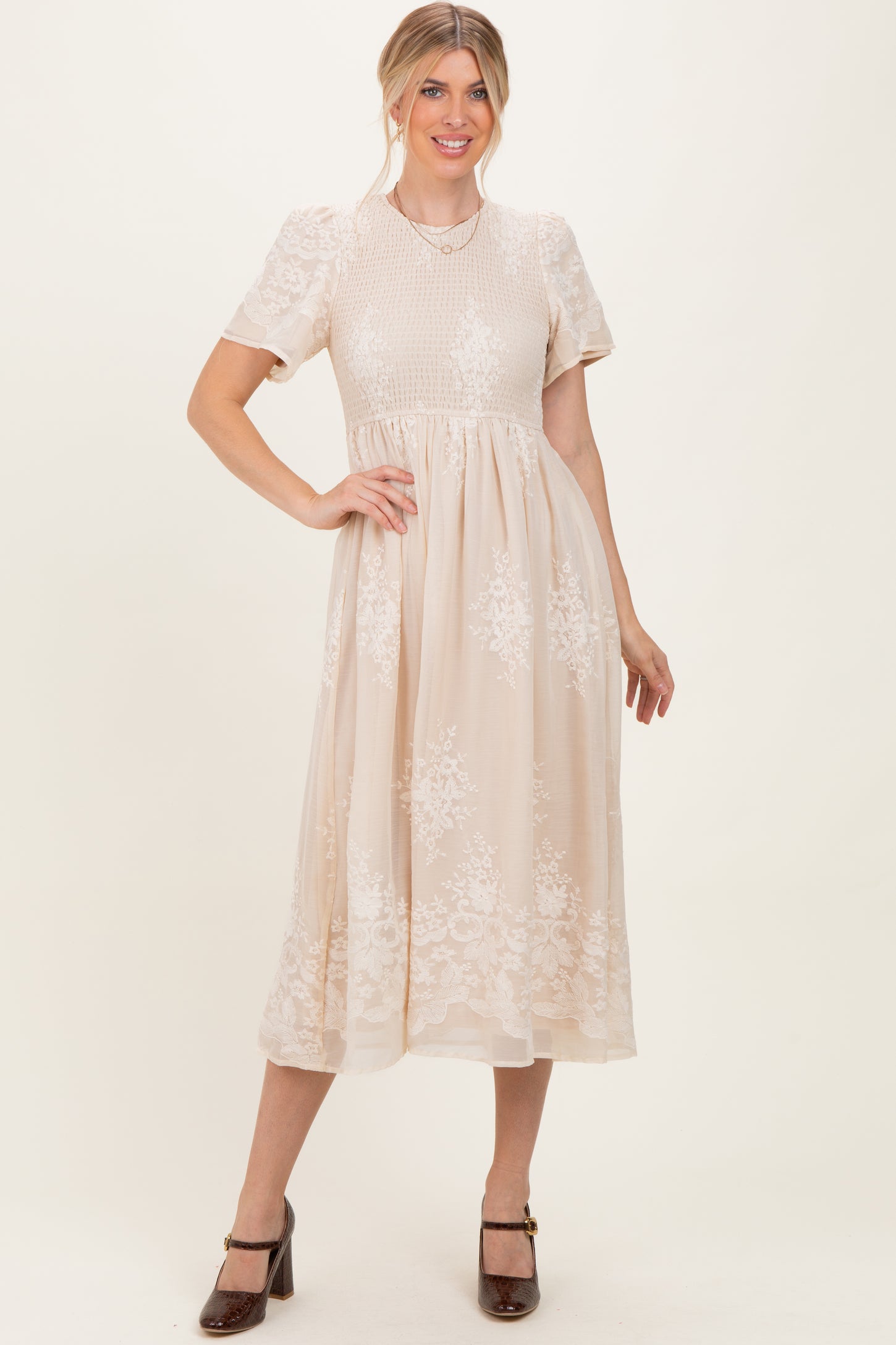 Cream Embroidered Smocked Maternity Midi Dress