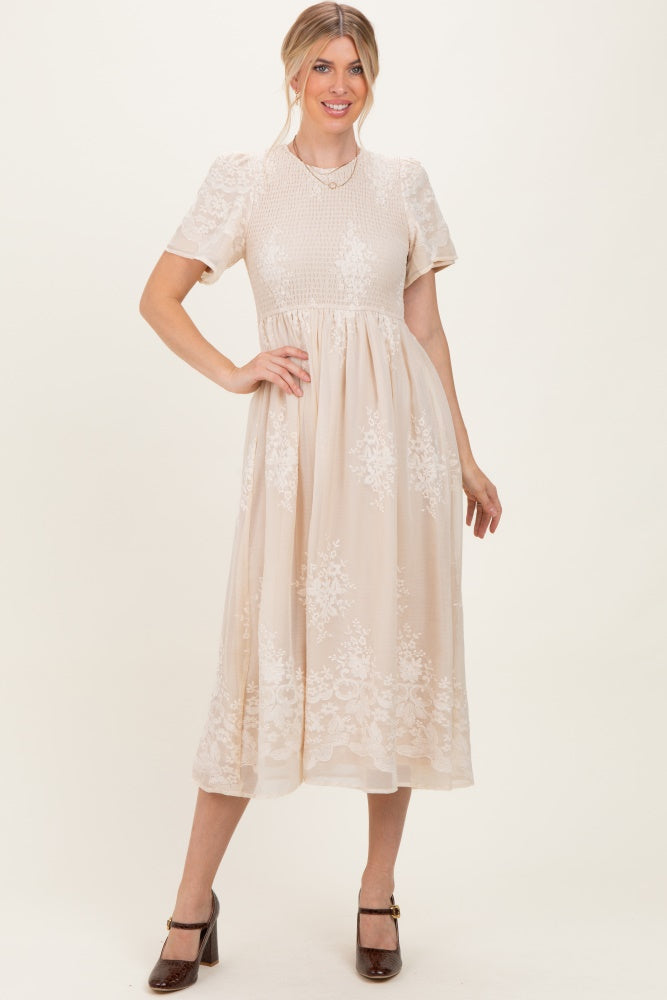 Cream Embroidered Smocked Midi Dress