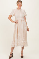 Cream Embroidered Smocked Midi Dress