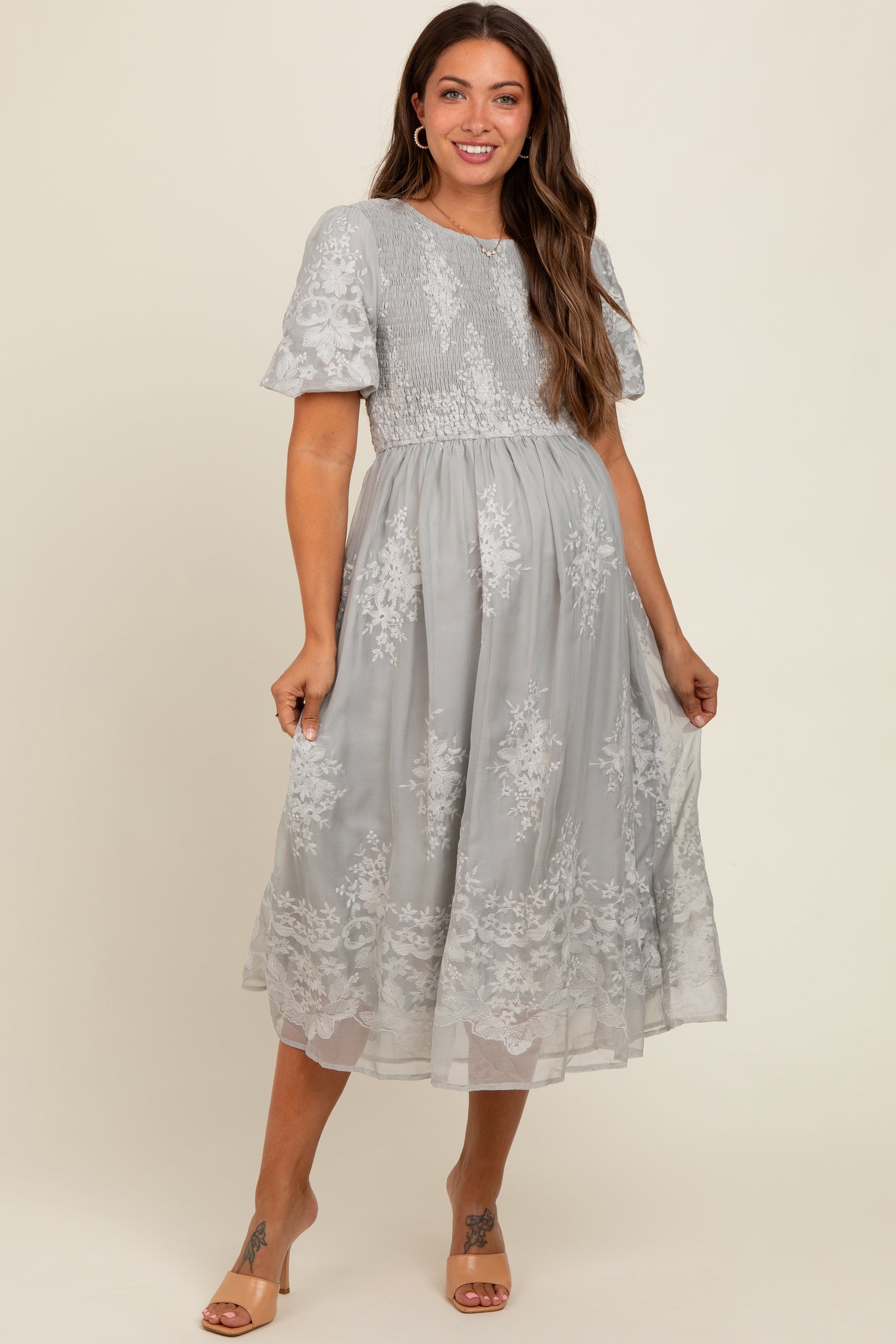Grey Floral Lace Smocked Maternity Midi Dress PinkBlush Grey Floral Lace Smocked Maternity Midi Dress PinkBlush