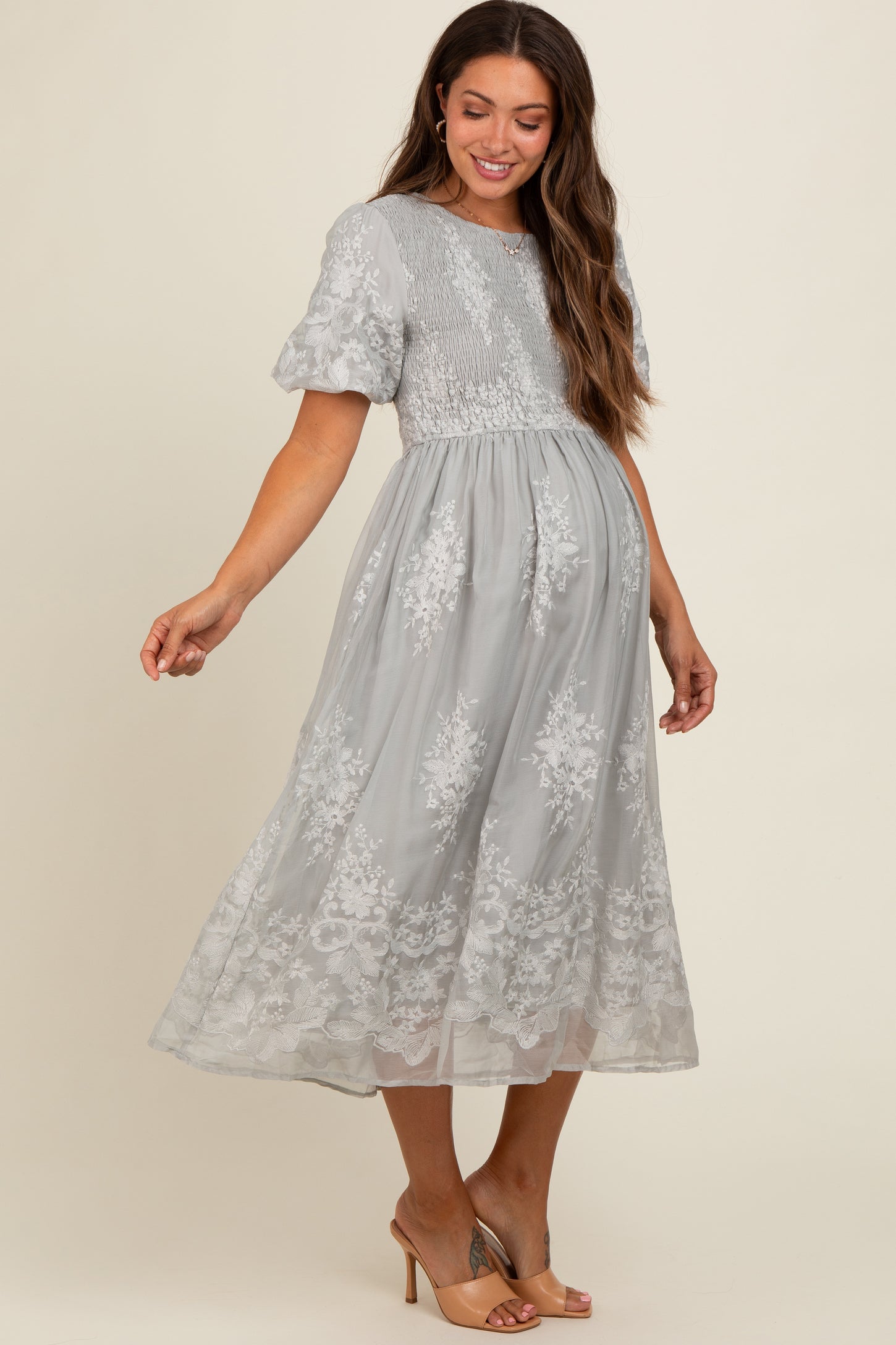 Grey Floral Lace Smocked Maternity Midi Dress – PinkBlush