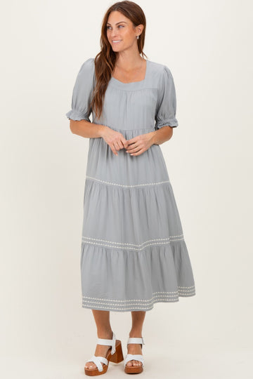 Grey Embroidered Tiered Midi Dress
