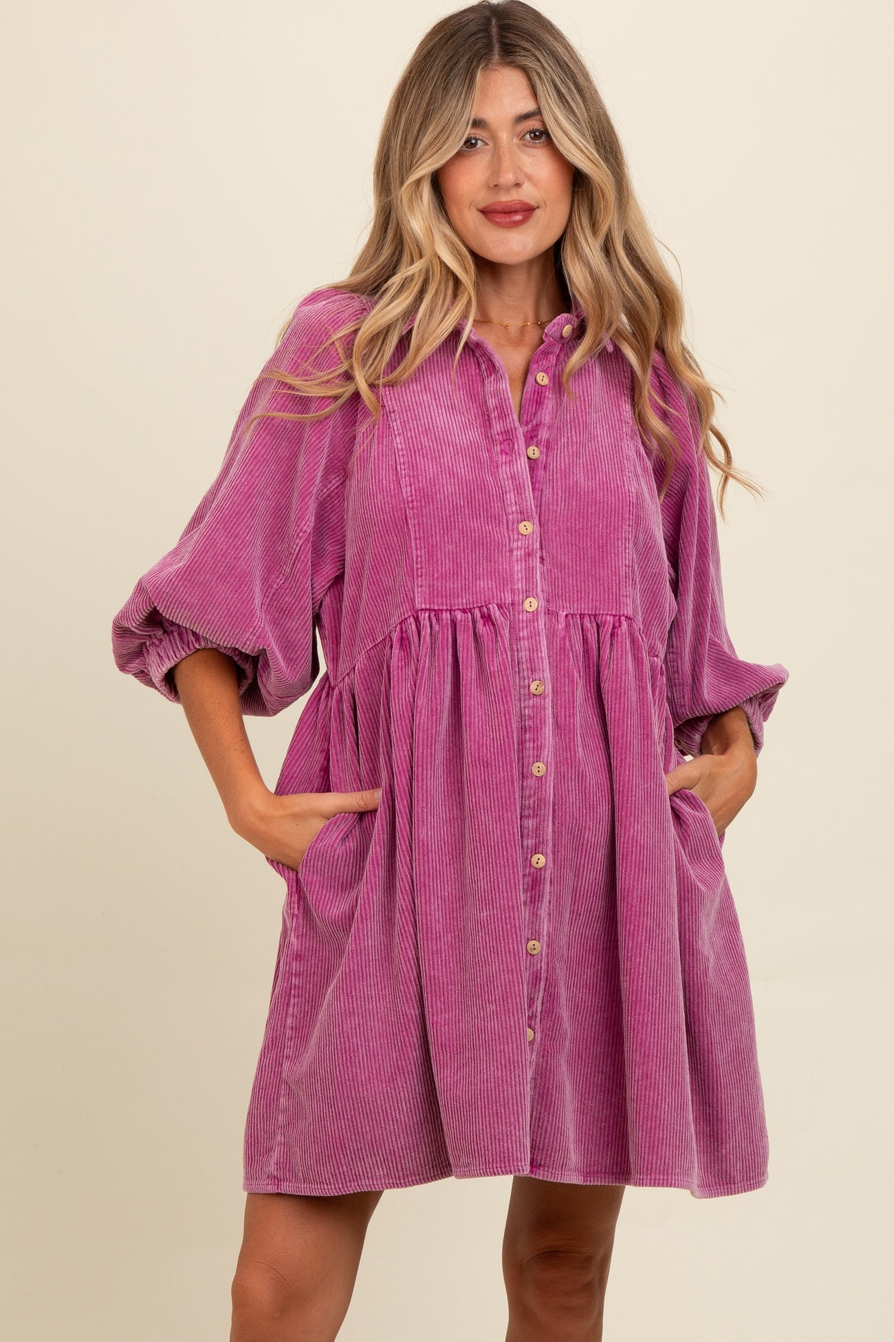 Magenta Corduroy Button Down Maternity Dress – PinkBlush