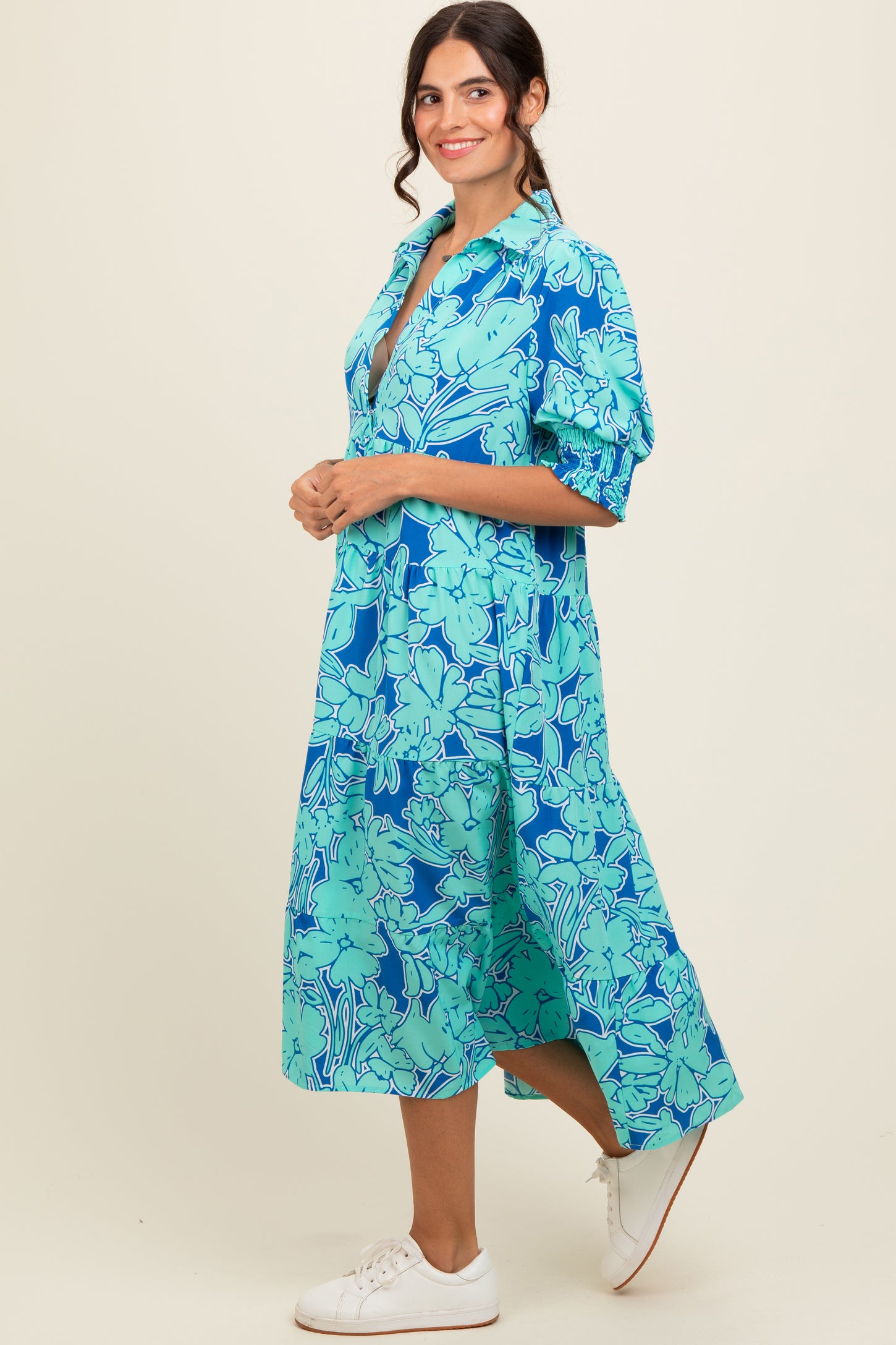 Mint Green Abstract Floral Tiered Midi Dress