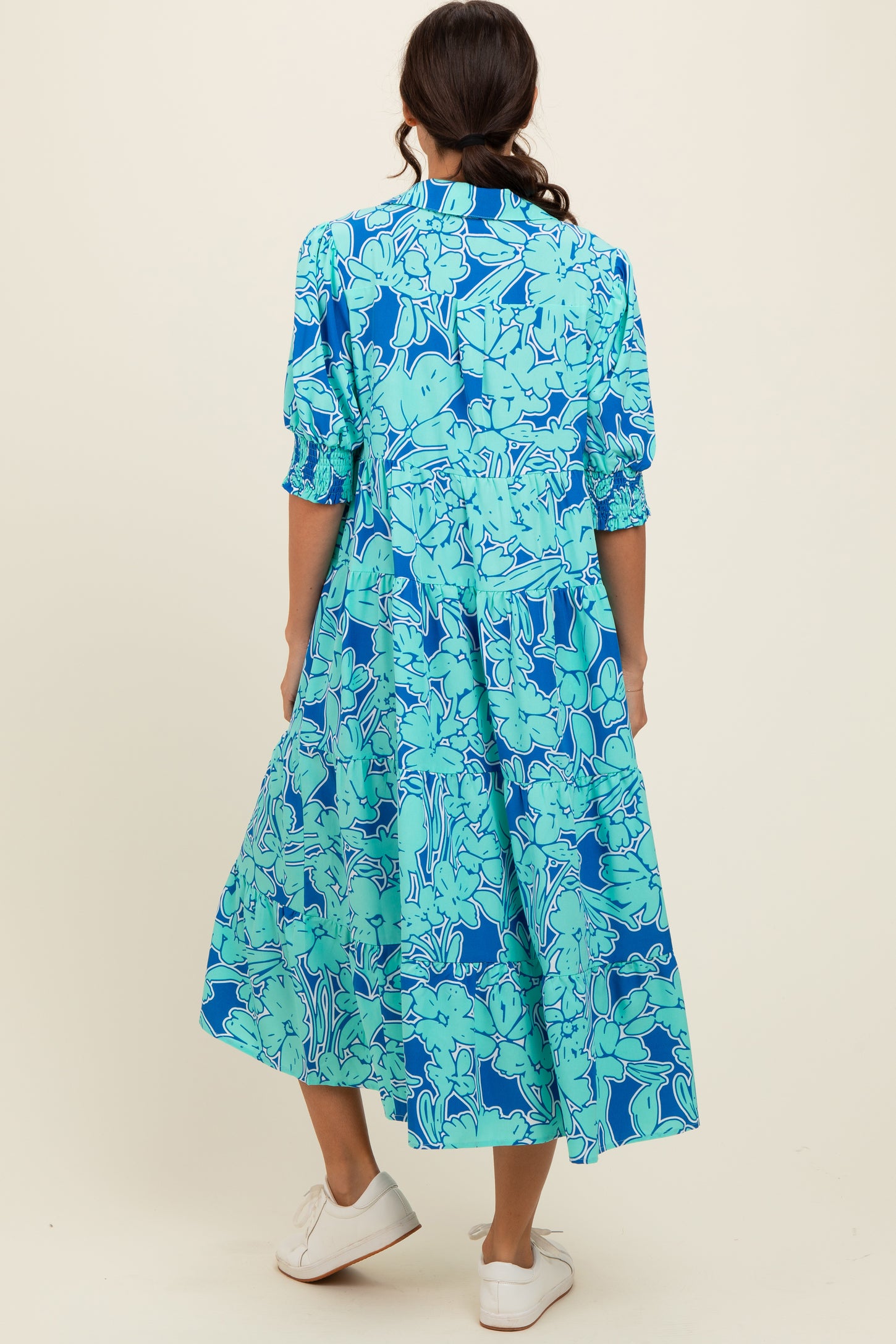 Mint Green Abstract Floral Tiered Midi Dress