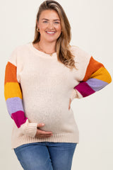 Cream Colorblock Sleeve Maternity Plus Sweater