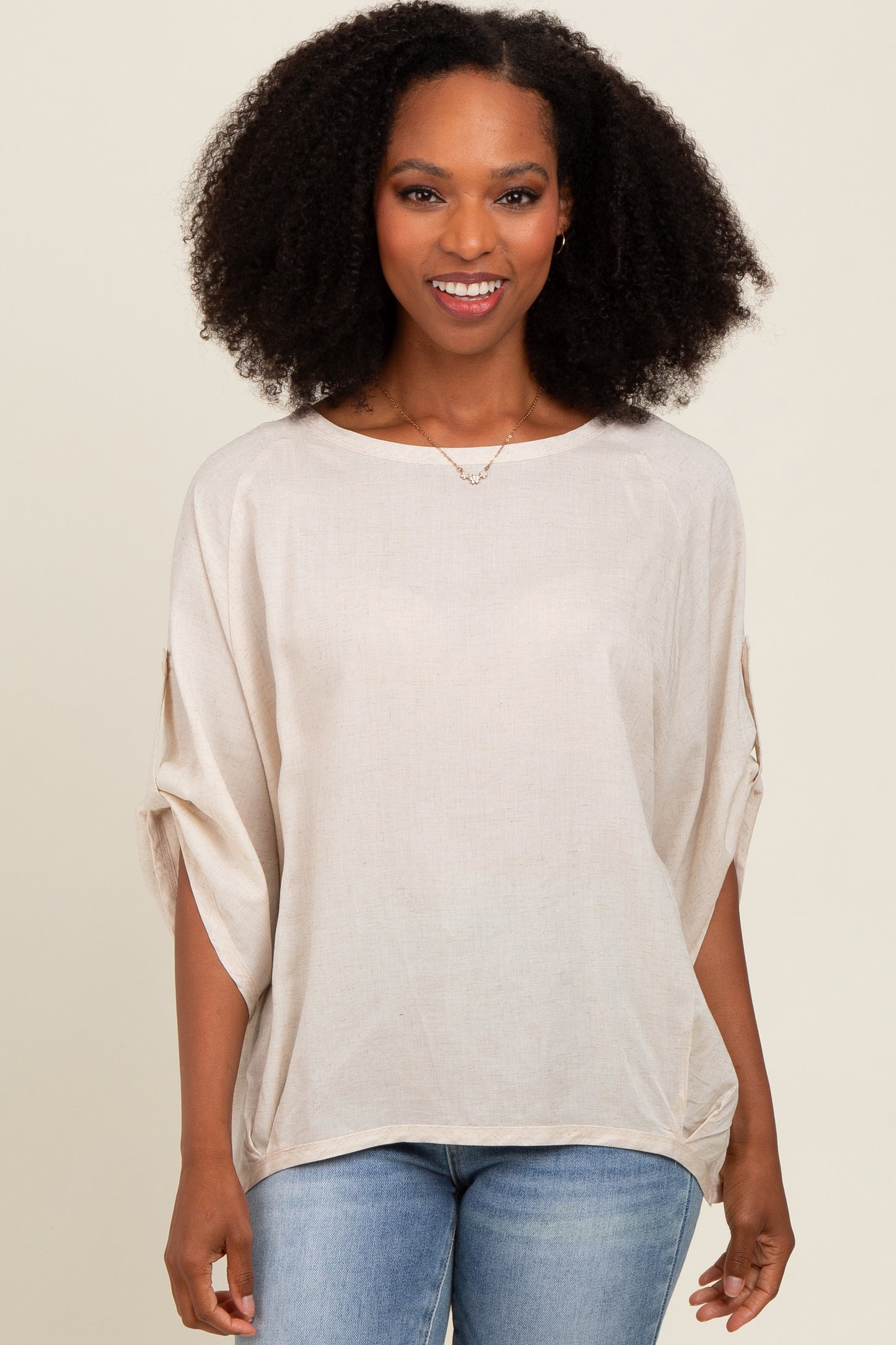 Cream Rolled Cuff Short Sleeve Top