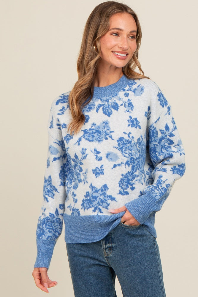 Blue Floral Crew Neck Maternity Sweater