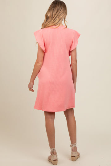 Peach Ribbed Ruffle Sleeve Maternity Dress