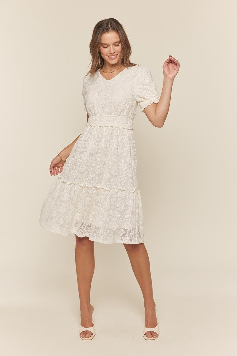 Off White Ruffle Detail Lace Dress – PinkBlush