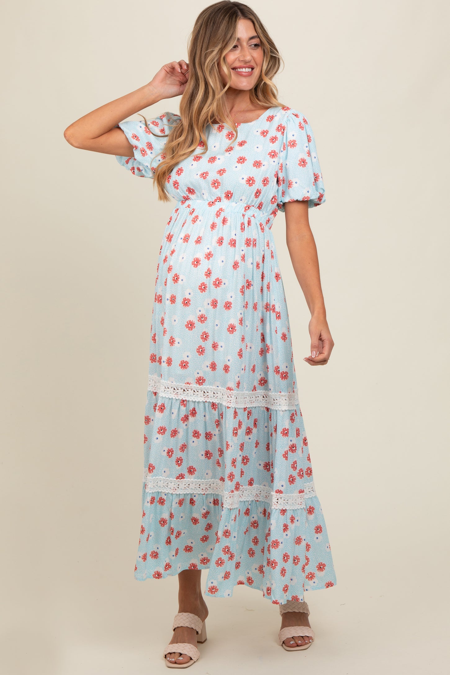 Light Blue Floral Lace Trim Maternity Maxi Dress PinkBlush Light Blue Floral Lace Trim Maternity Maxi Dress PinkBlush