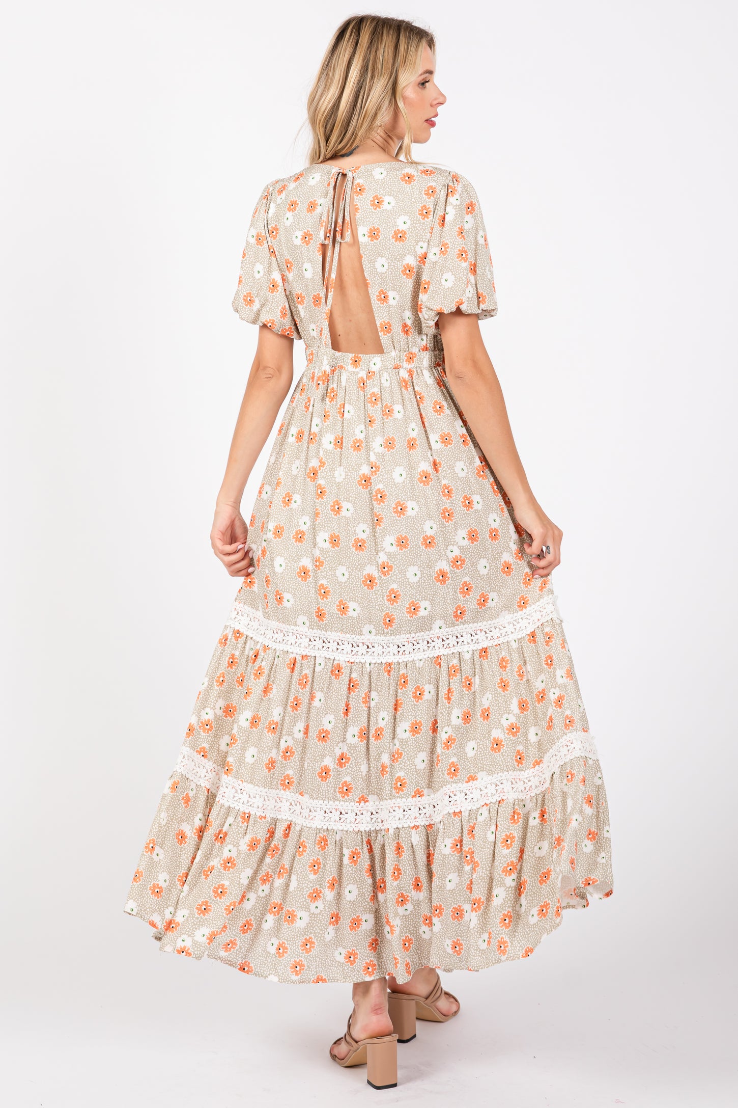 Taupe Floral Lace Trim Maxi Dress