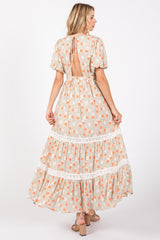 Taupe Floral Lace Trim Maxi Dress