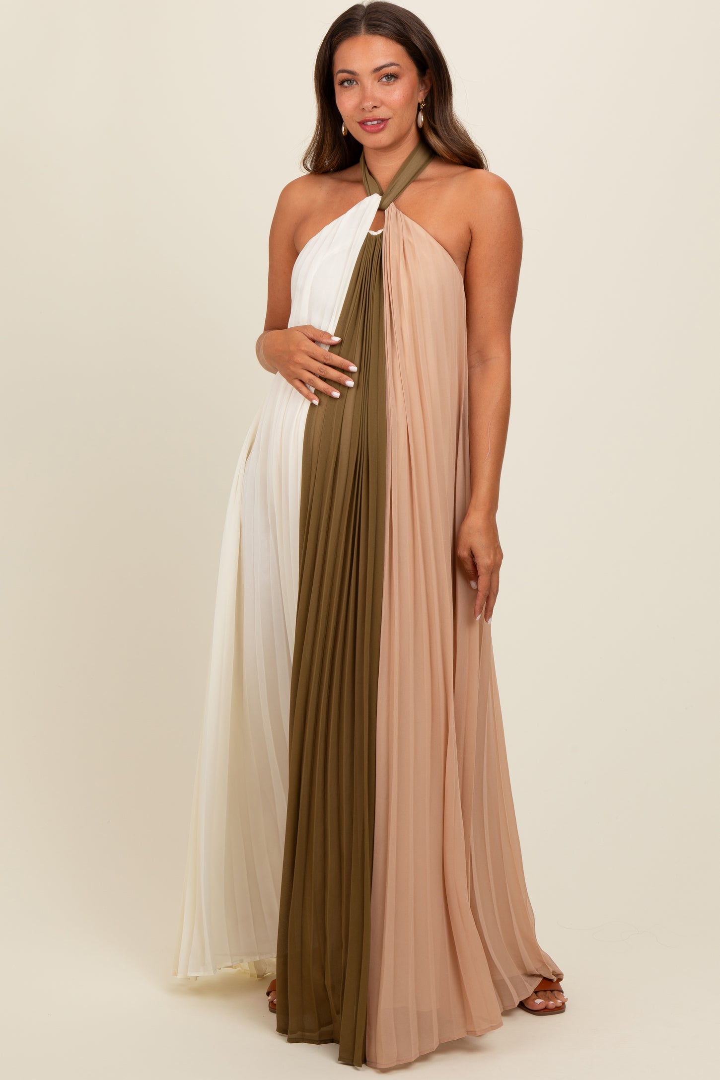 Olive Colorblock Pleated Halter Neck Maternity Maxi Dress – PinkBlush