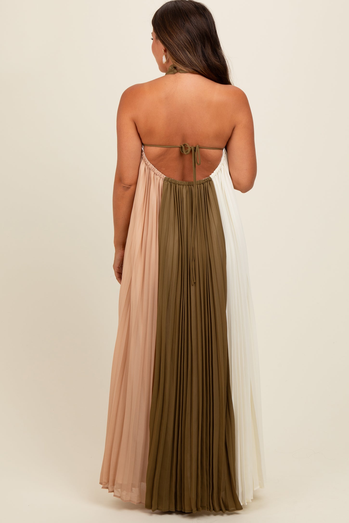 Olive Colorblock Pleated Halter Neck Maternity Maxi Dress PinkBlush Olive Colorblock Pleated Halter Neck Maternity Maxi Dress PinkBlush