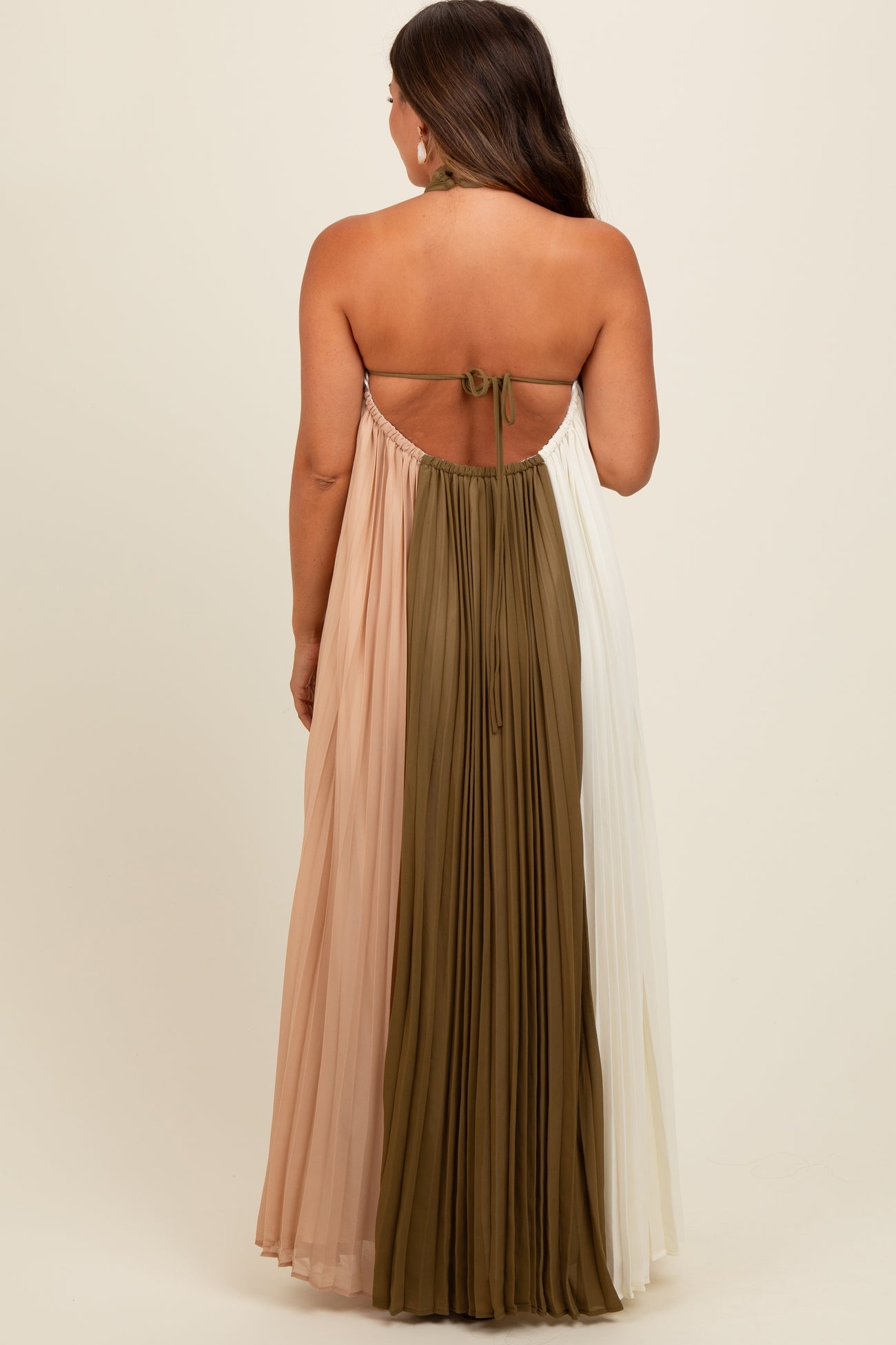 Olive Colorblock Pleated Halter Neck Maternity Maxi Dress