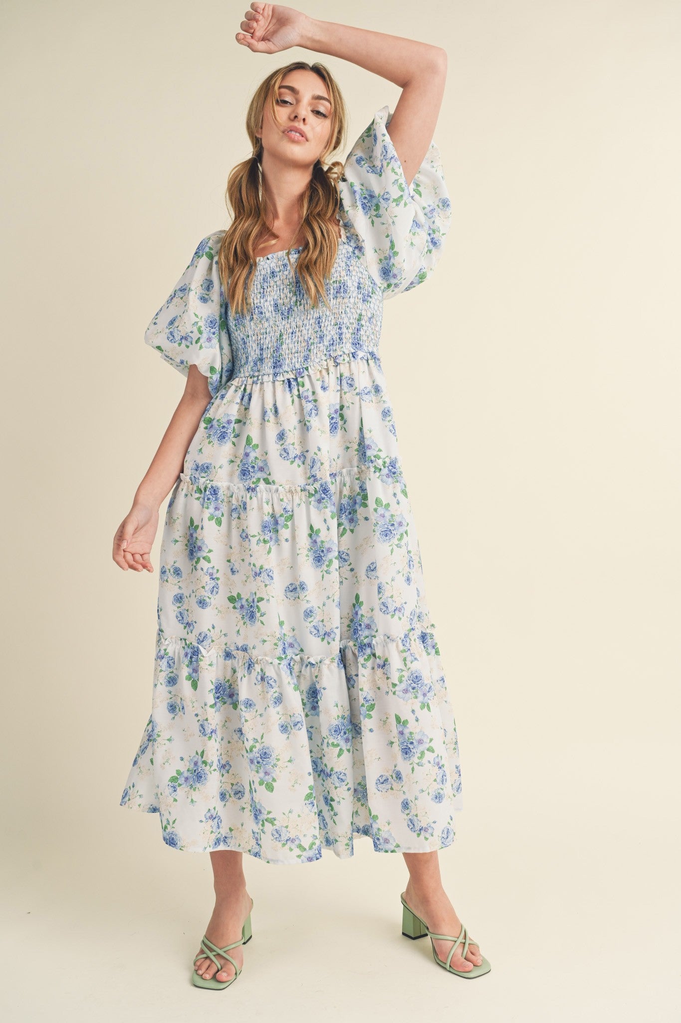 Blue Floral Smocked Puff Sleeve Maternity Midi Dress – PinkBlush