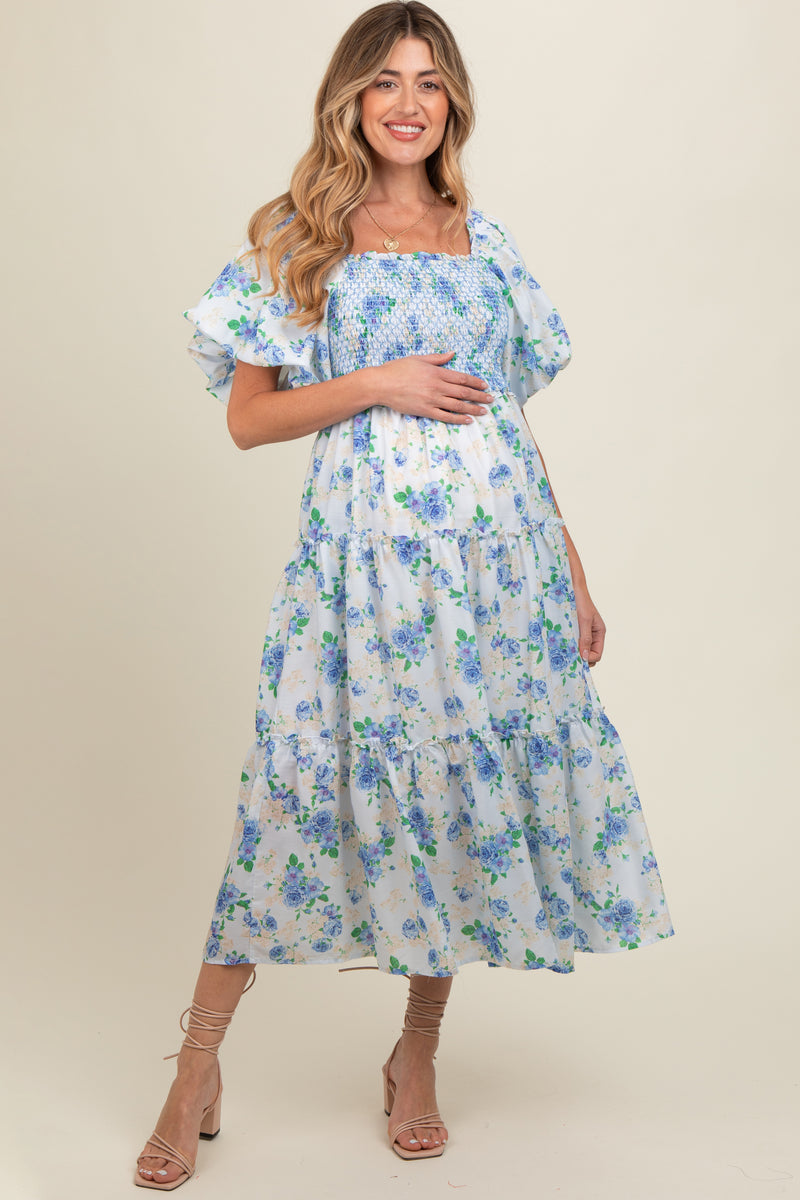 Blue Floral Smocked Puff Sleeve Maternity Midi Dress – PinkBlush