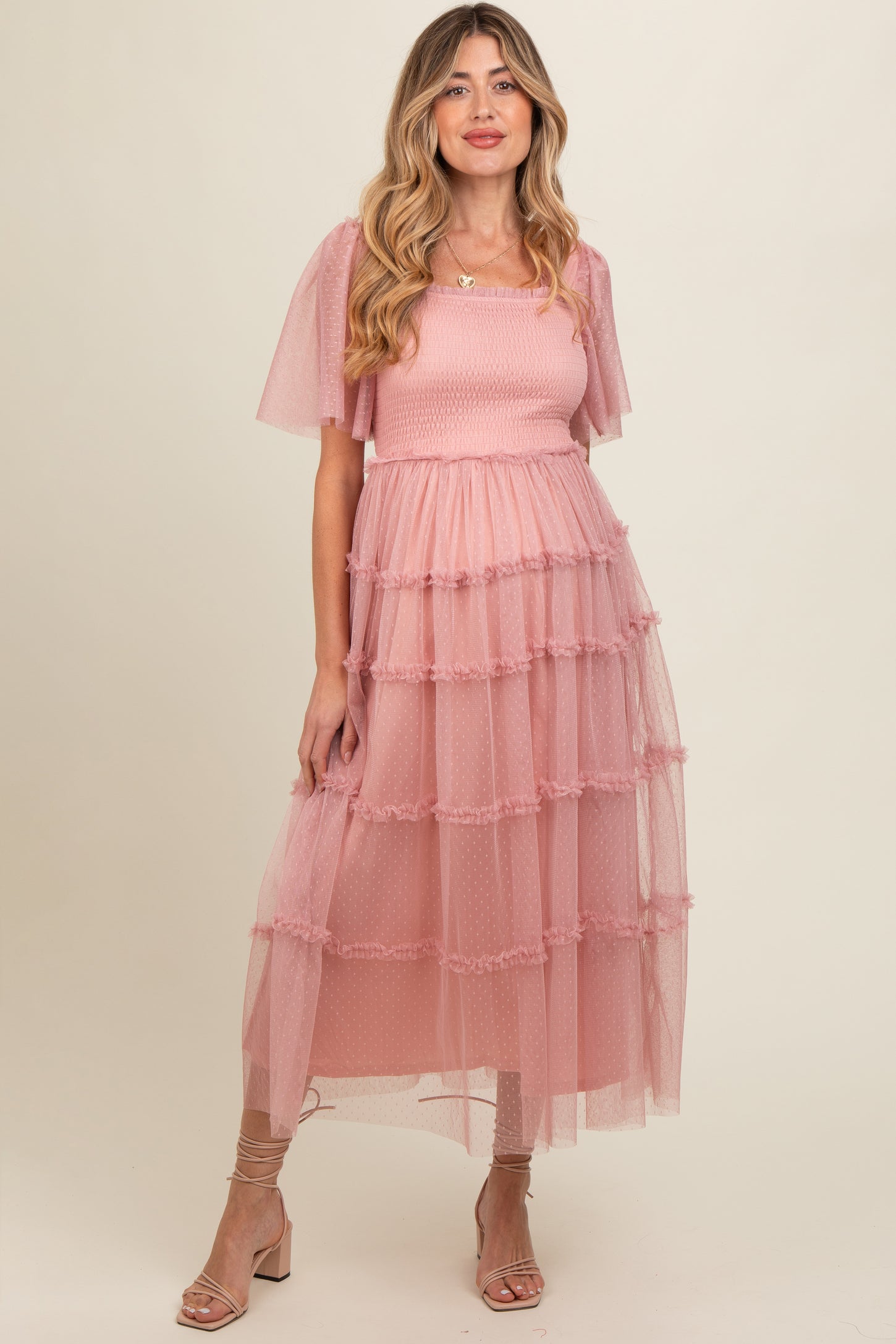 ruffle mesh dress Sage Floral Print Ruched Laced Hem Do Not Iron Pink Ruffled Mesh Maternity Maxi