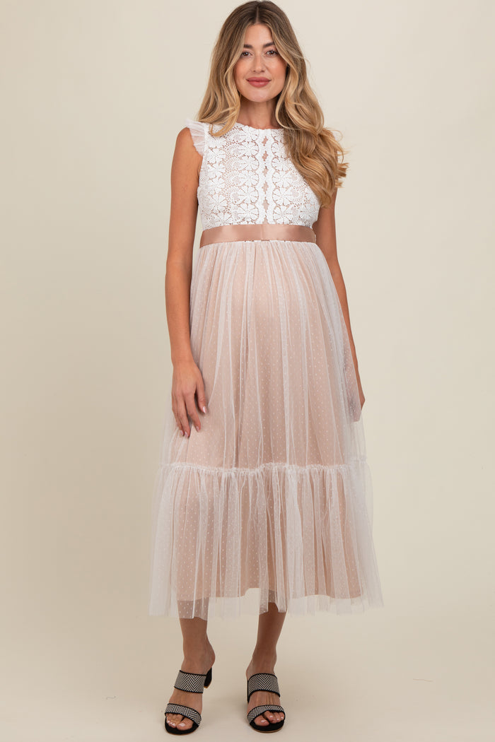 White Lace Contrast Tulle Maternity Maxi Dress