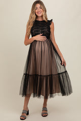 Black Lace Contrast Tulle Maternity Maxi Dress