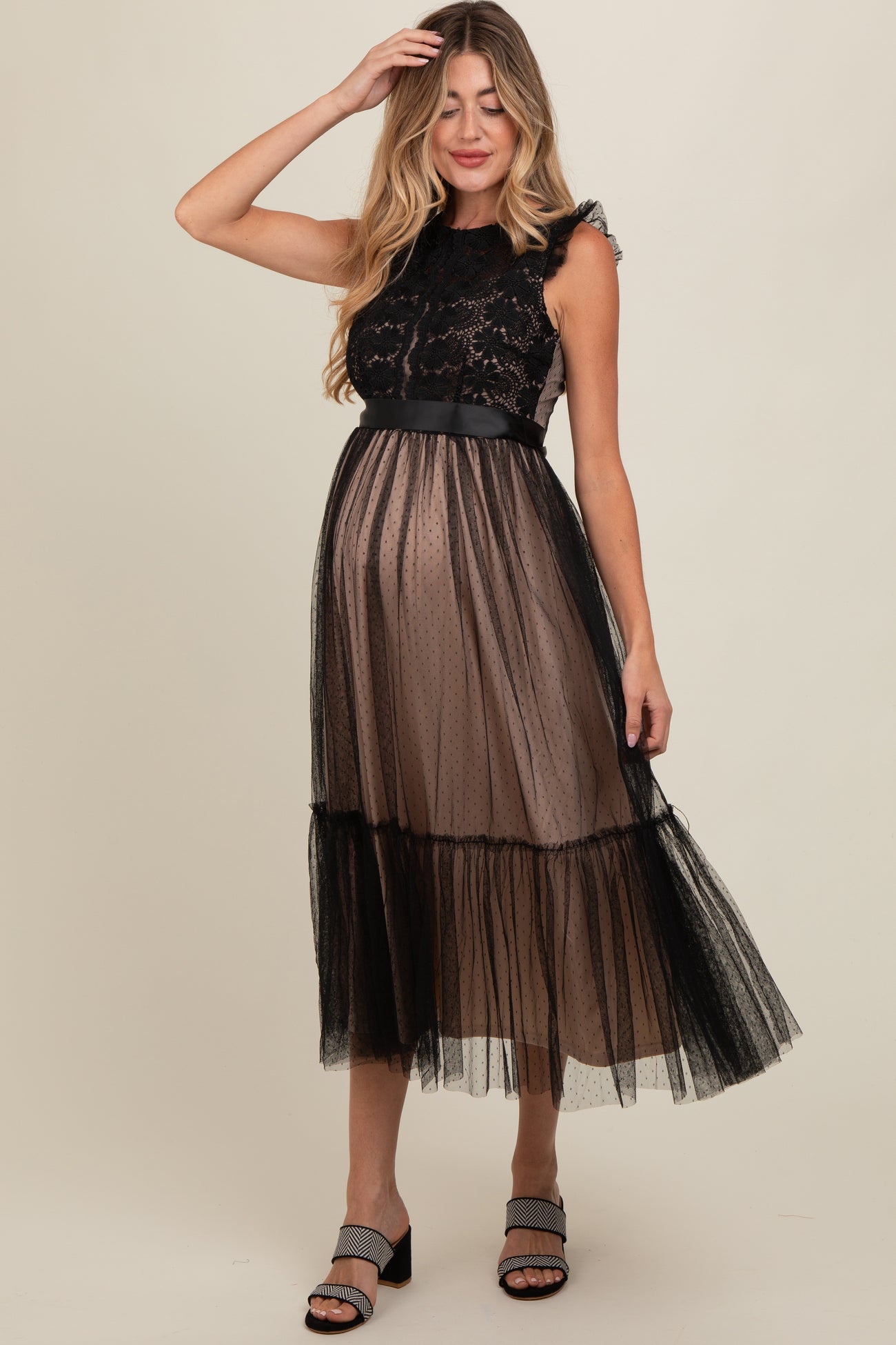 Black Lace Contrast Tulle Maternity Maxi Dress Black Lace Contrast Tulle Maternity Maxi Dress